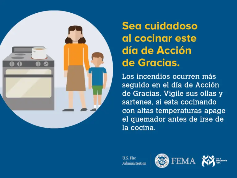 Prevención en la cocina durante acción de gracias: una mujer y un niño atentos a la seguridad de la estufa para evitar incendios en el hogar.