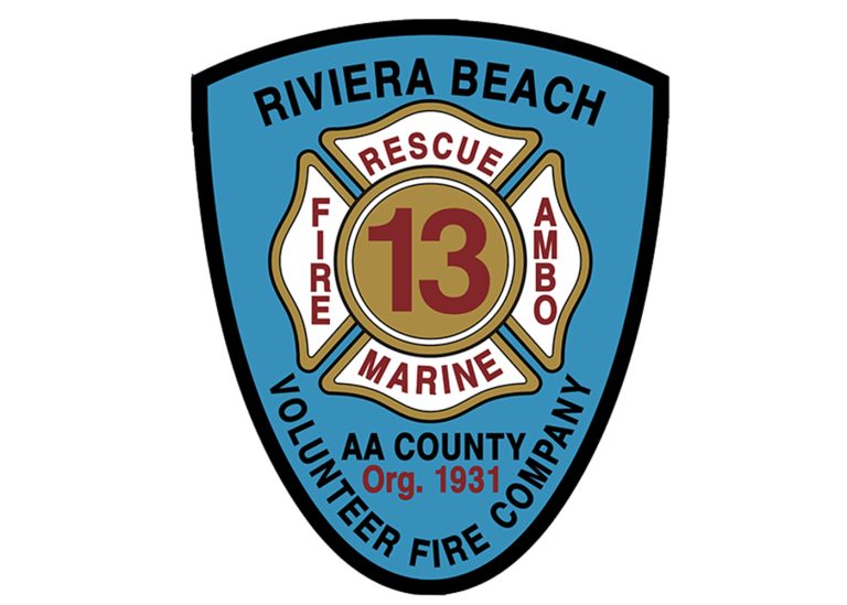 Logo of Riviera Beach Volunteer Fire Company features a badge with the words "Rescue," "Fire," "Ambo," "Marine," and "AA County Org. 1931," centered around the number 13. The background is blue with a black border.