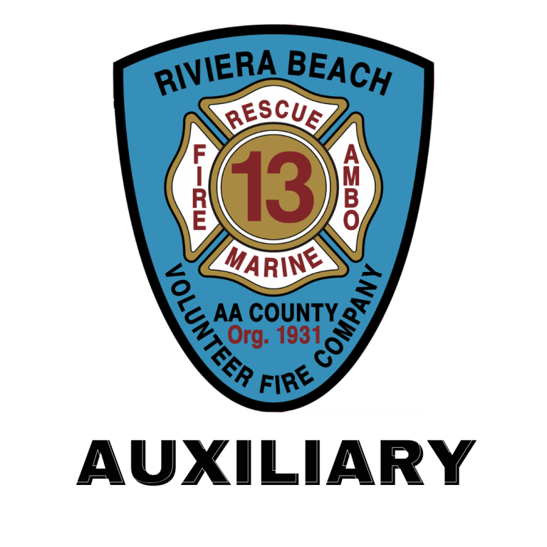 The image shows a blue shield emblem for Riviera Beach Volunteer Fire Company, with "Rescue," "Marine," "Fire," and "Ambo" around the number 13. It includes "AA County" and "Org. 1931" text, with "Auxiliary" written below.