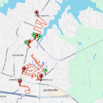 Map with marked routes and points. Red arrows indicate paths from "Fine Buoys" to "Armiger" through various locations. Green pins highlight key spots. The map features roads, natural terrain, and water bodies. Adjustments needed for specific use.