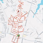 A map showing streets marked with red zigzag lines indicating a specific route through neighborhoods. There are two drop pin markers along the route. The streets include Ardsley, Lynnburn, and nearby intersections.
