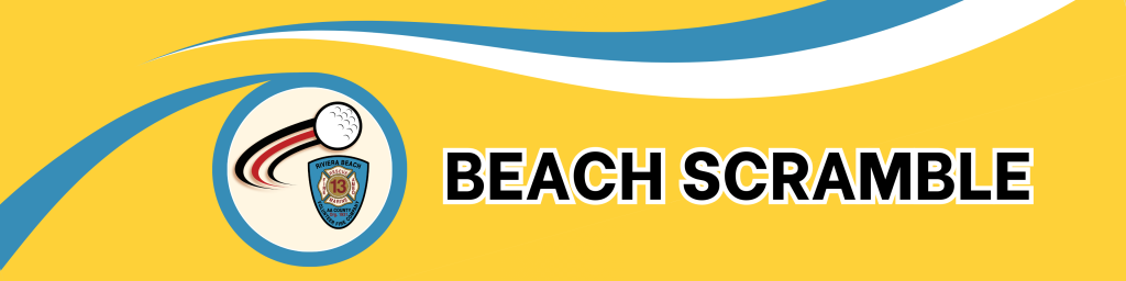 Yellow banner with a blue and white wave design. A logo featuring a cloud, three red, black, and white lines, and an emblem with a central figure is on the left. The text "BEACH SCRAMBLE" is prominently displayed in bold black letters.