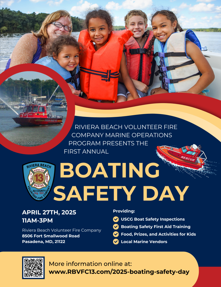 A flyer for Boating Safety Day features four smiling children in life jackets on a boat, with a rescue boat in the background. Event details and a QR code are included, along with activities and safety services listed.