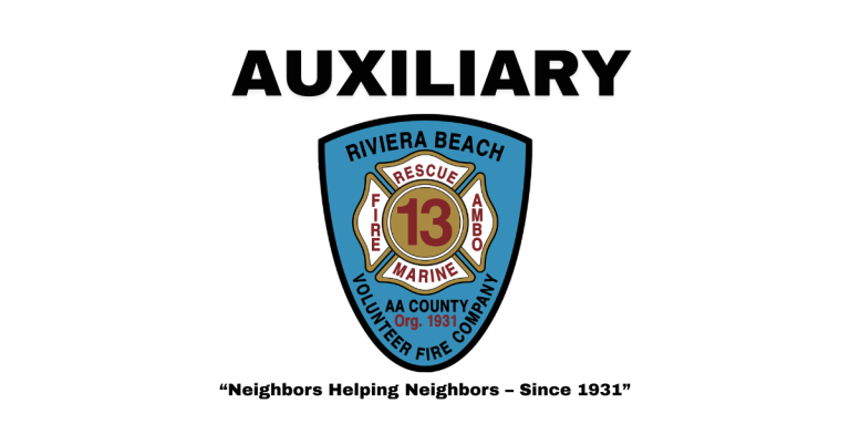 A badge for the Riviera Beach Volunteer Fire Company Auxiliary featuring "Rescue 13 Marine" and "Fire Ambulance" text, with “Neighbors Helping Neighbors – Since 1931” written below.