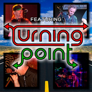 Promotional image for the band "Turning Point" featuring photos of band members performing, with the band's name in large stylized text over a highway background.
