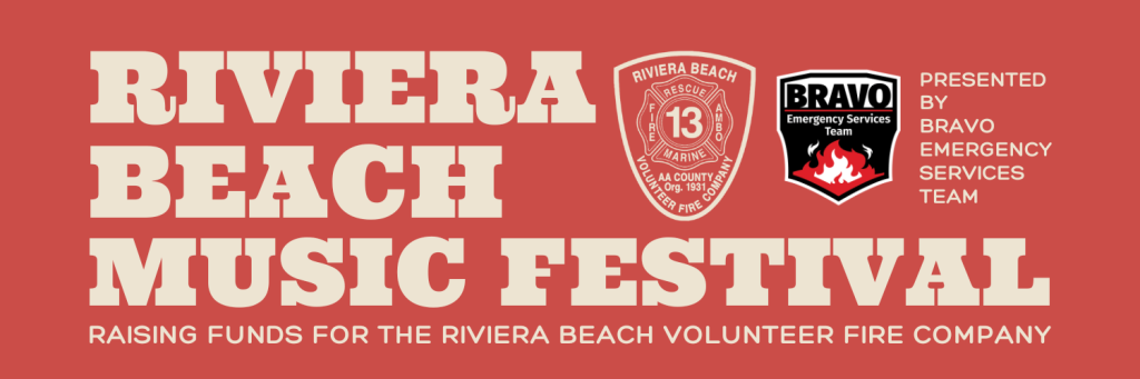 Banner for Riviera Beach Music Festival featuring a fire department badge and BRAVO Emergency Services Team logo. Text says the event raises funds for the Riviera Beach Volunteer Fire Company.