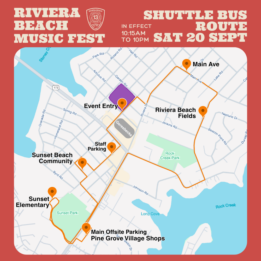 Map of the Riviera Beach Music Fest shuttle bus route, highlighting stops at Main Ave, Riviera Beach Fields, Event Entry, Sunset Beach Community, Sunset Elementary, and main offsite parking.