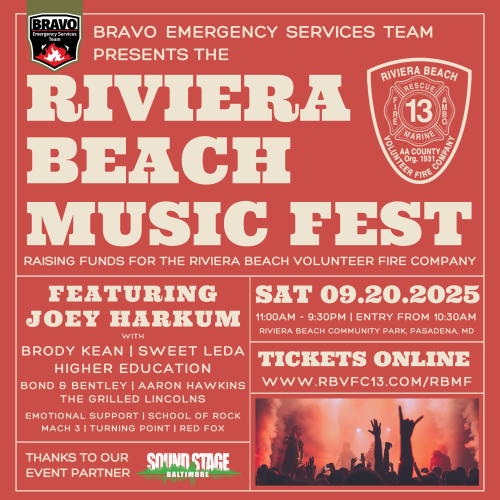 Promotional poster for Riviera Beach Music Fest on 9/20/2025, featuring Joey Harkum and other bands, with event details, ticket info, and logos for Bravo Emergency Services and Riviera Beach Rescue.